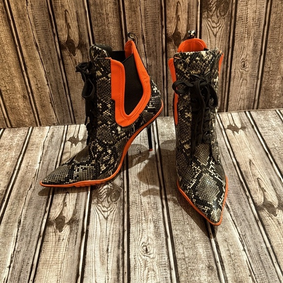 Jeffrey Campbell Faux Snake Skin Neon Orange Neoprene Lace Up High Heel 7.5 - Picture 1 of 16